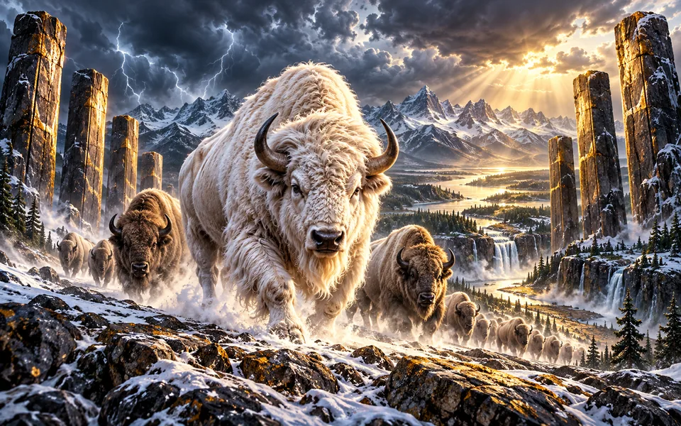 Original white buffalo leading a herd through a storm-lit alpine valley