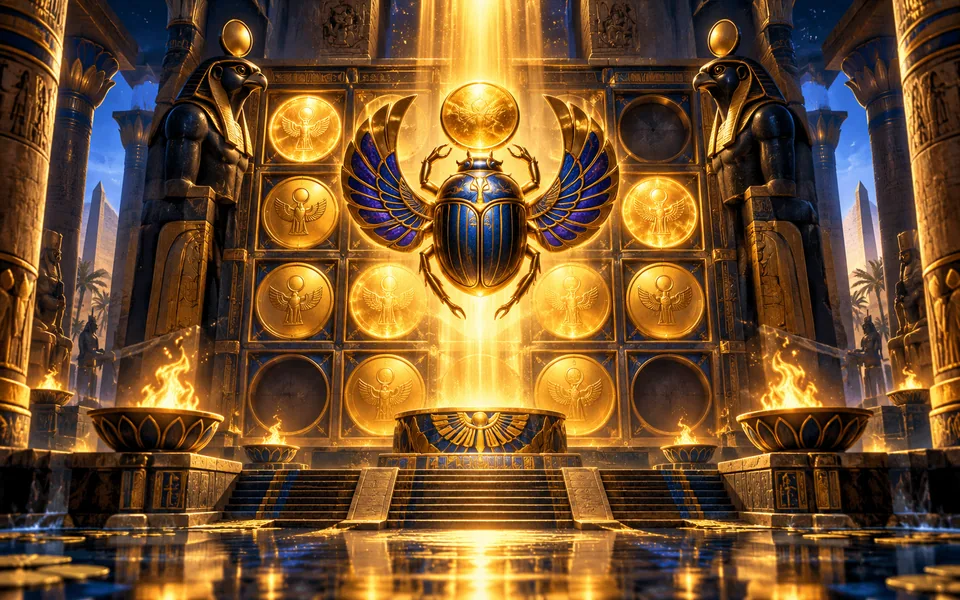 Original golden scarab rising inside an Egyptian solar temple and coin wall