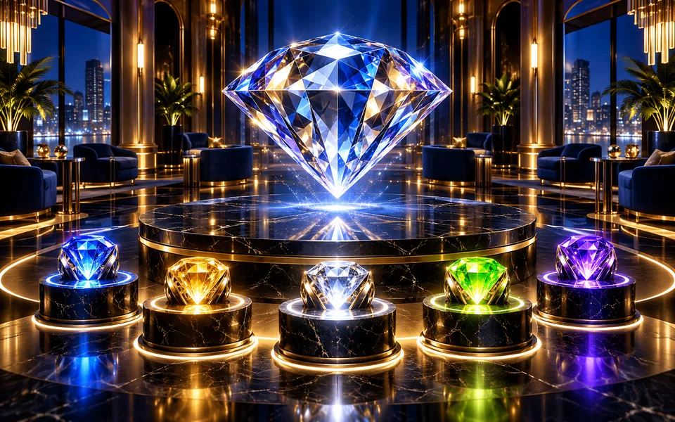 Original floating diamond inside a midnight lounge with five glowing pedestals