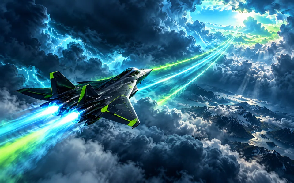 Original experimental jet climbing through storm clouds along luminous trails