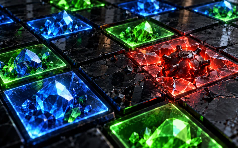 Original obsidian risk grid with glowing gems and one mine beneath cracked glass