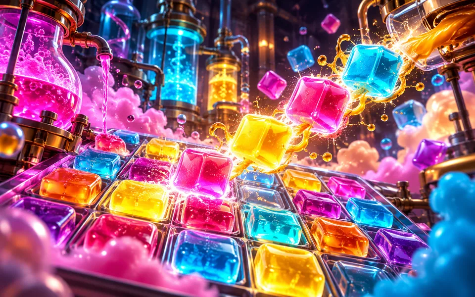 Original candy laboratory where colourful cubes chain across a glowing grid
