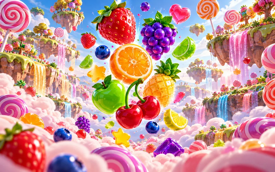 Original candy orchard with glossy fruit sweets floating above clouds