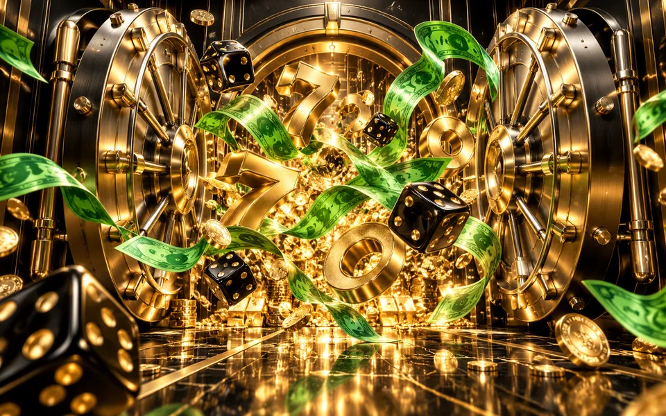 Original black-and-gold vault bursting with green banknote ribbons and dice